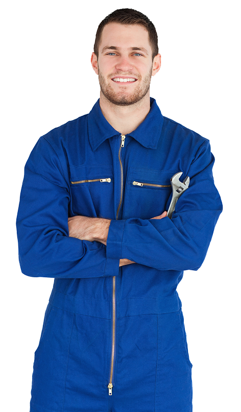 Plumber smiling with wrench in blue zip up coveralls